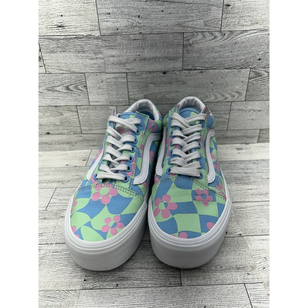 Vans Old Skool Stacked Platform Shoes Womens 8 Men 6.5 Checkerboard Floral Blue - Picture 2 of 11